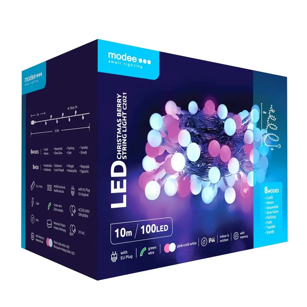Modee karácsonyi kültéri led fényfüzér mini gömb hideg fehér+pink hálózati 100 ledes - 10m