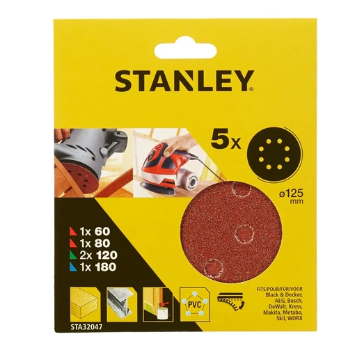 STANLEY tépőzáras csiszolópapír készlet 8 lyukas 125mm (5 részes)
