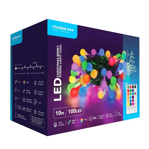 Modee karácsonyi kültéri led fényfüzér mini gömb RGB színváltós távirányítóval hálózati 100 ledes - 10m