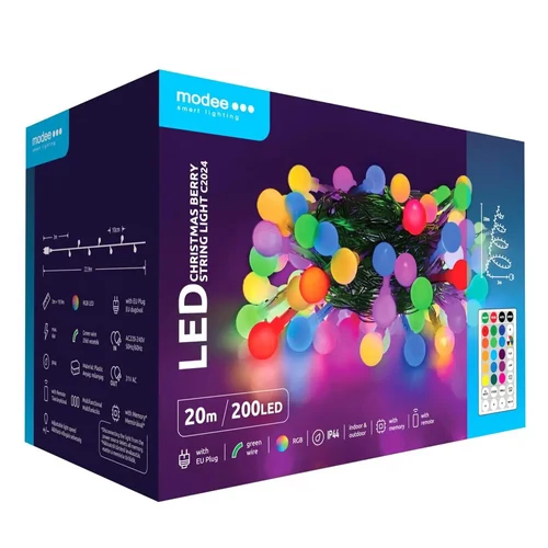 Modee karácsonyi kültéri led fényfüzér mini gömb RGB színváltós távirányítóval hálózati 200 ledes - 20m