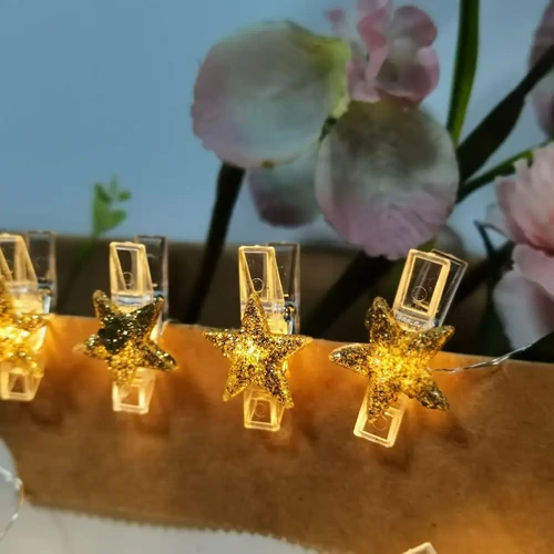 Modee karácsonyi beltéri led dekor csipeszes füzér csillagok elemes 10 ledes - 90cm