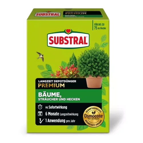 Substral Osmocote Hosszú hatástartamú műtrágya buxus /tuják/fenyőfélék és sövénynövények számára 1,5 kg