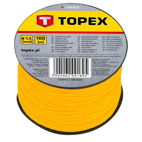 Topex Kőműveszsinór 1.5mm 100M Sárga