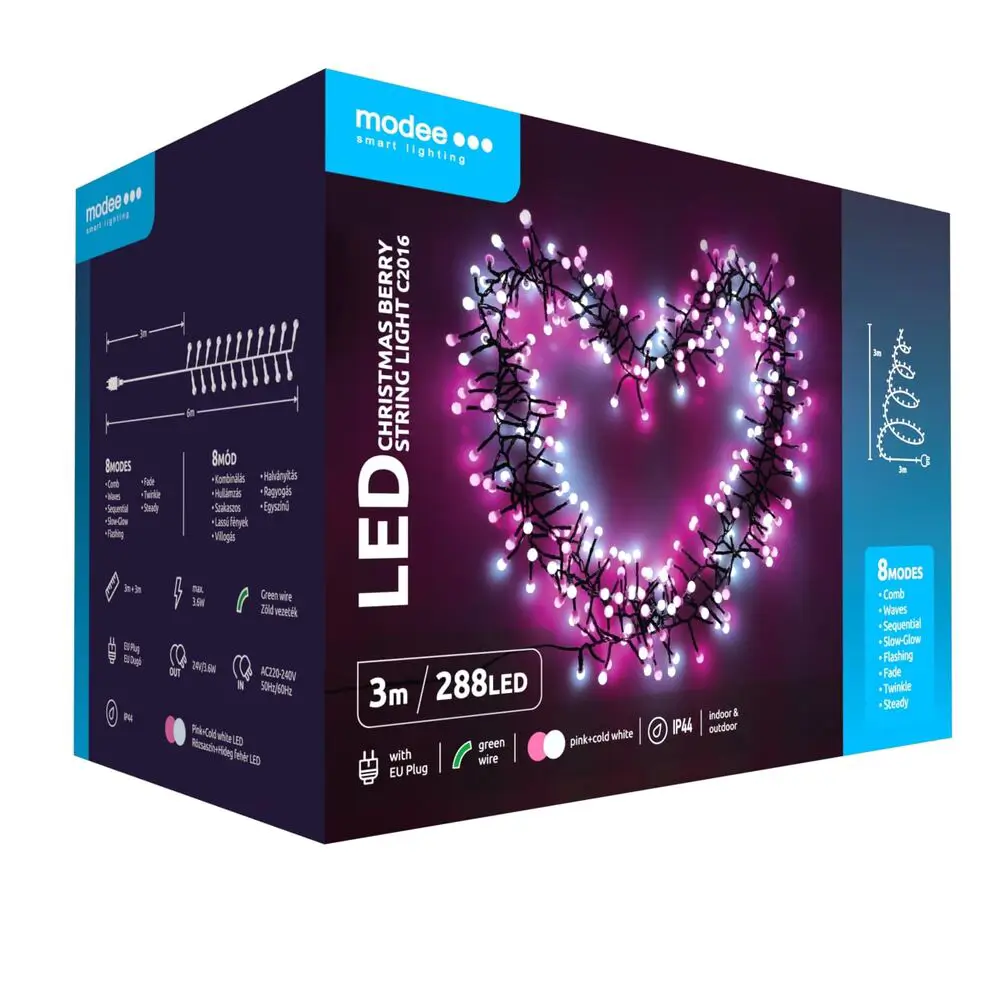 Modee karácsonyi kültéri led fényfüzér micro gömb pink/hideg fehér hálózati 288 ledes - 3m