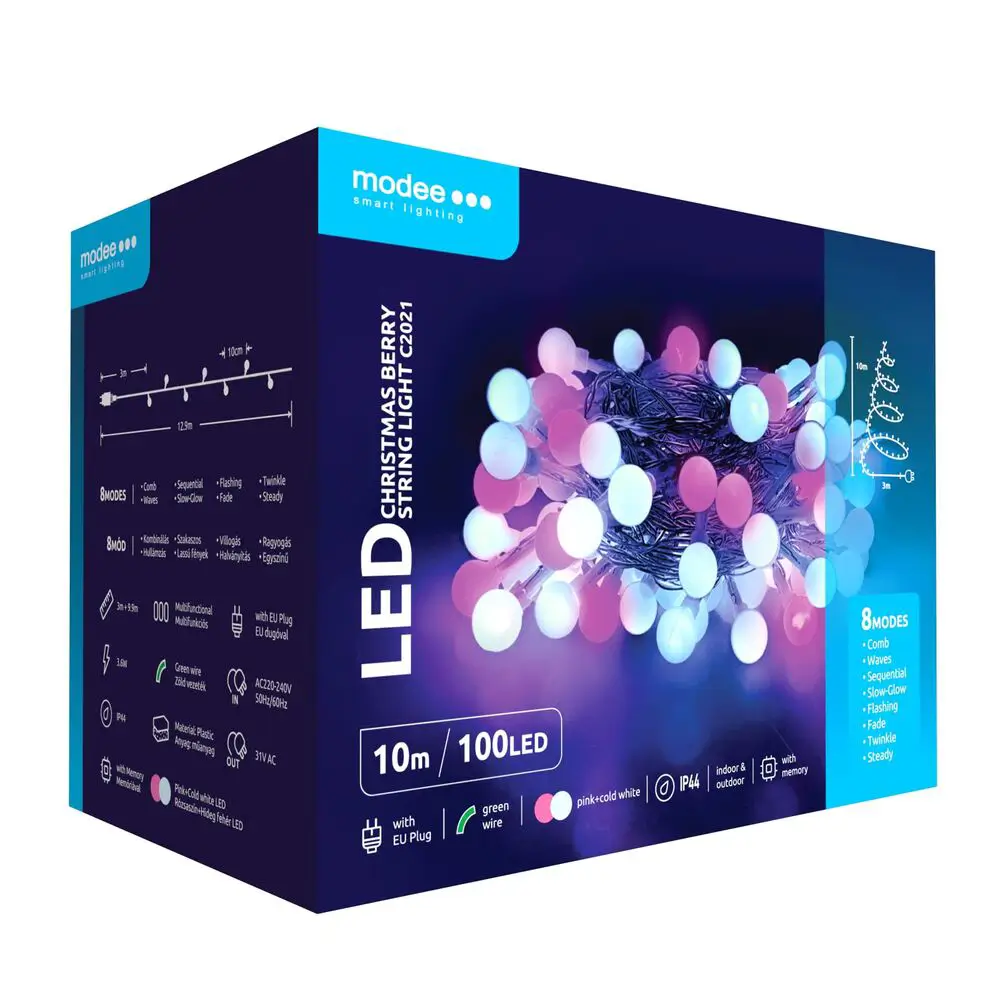 Modee karácsonyi kültéri led fényfüzér mini gömb hideg fehér+pink hálózati 100 ledes - 10m